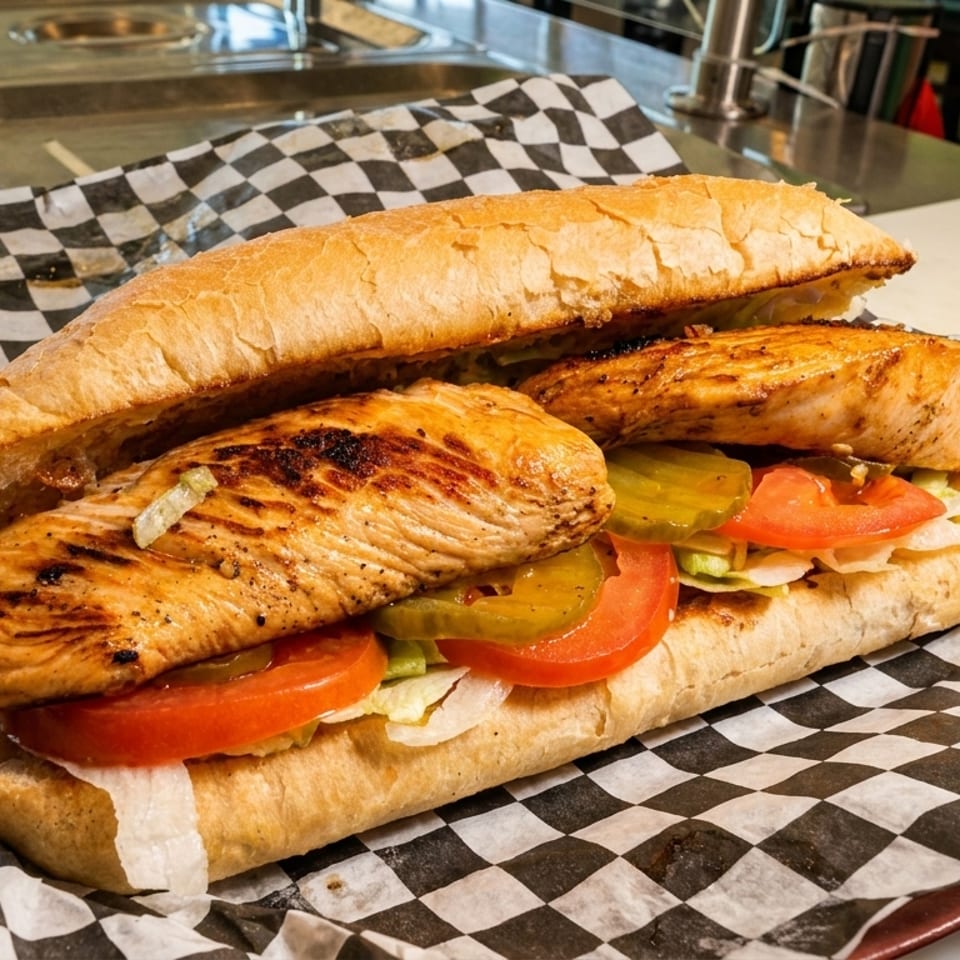Grilled chicken sub sandwich with lettuce, tomato, and pickles on checkered paper.