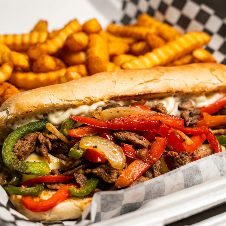 Cheesesteak sandwich with steak, peppers, onions, and cheese, served with crinkle-cut fries.