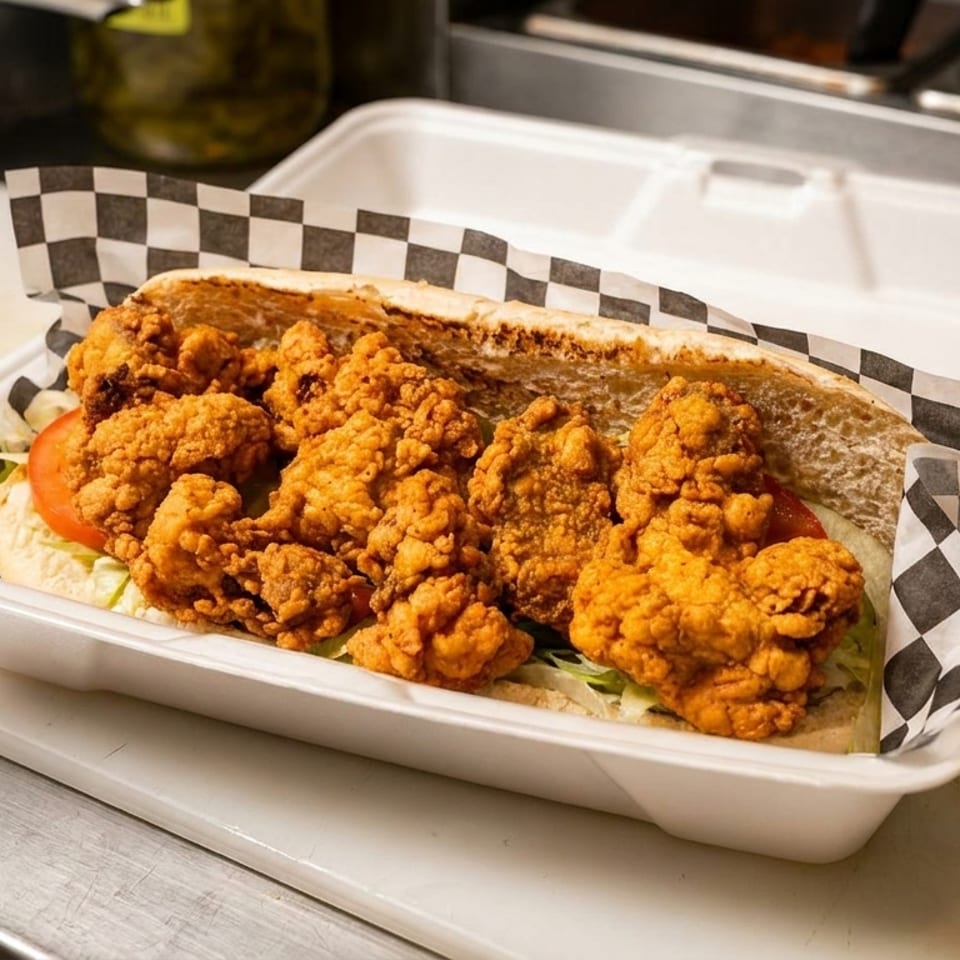 Crispy fried shrimp po'boy sandwich with lettuce and tomato in a white takeout container.