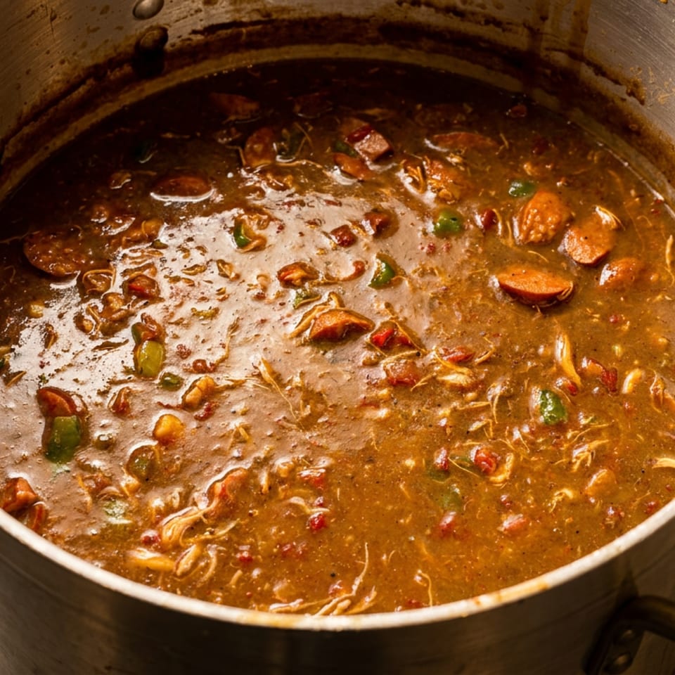 A large metal pot filled with rich, dark gumbo, featuring sausage, chicken, and vegetables.