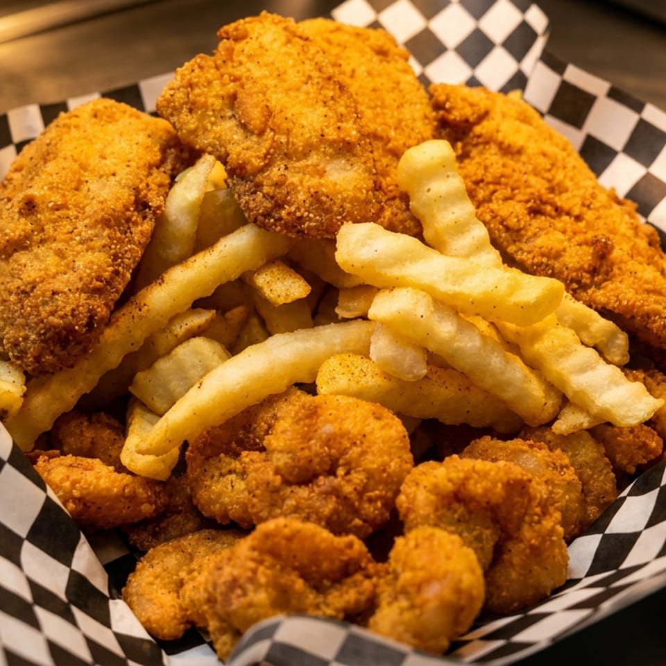 Fried fish fillets, shrimp, and crinkle-cut fries in a checkered paper-lined basket.