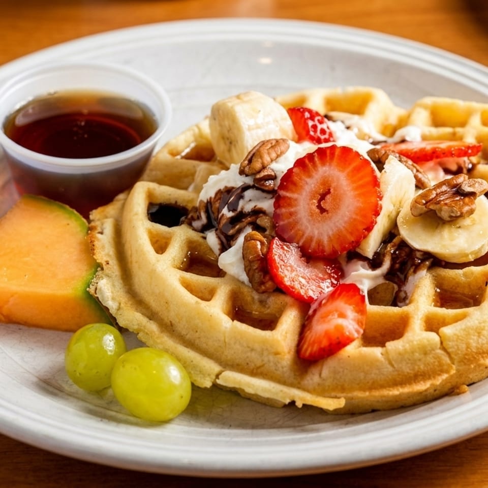 Waffle topped with whipped cream, strawberries, bananas, pecans, chocolate drizzle, and a side of fruit and syrup.