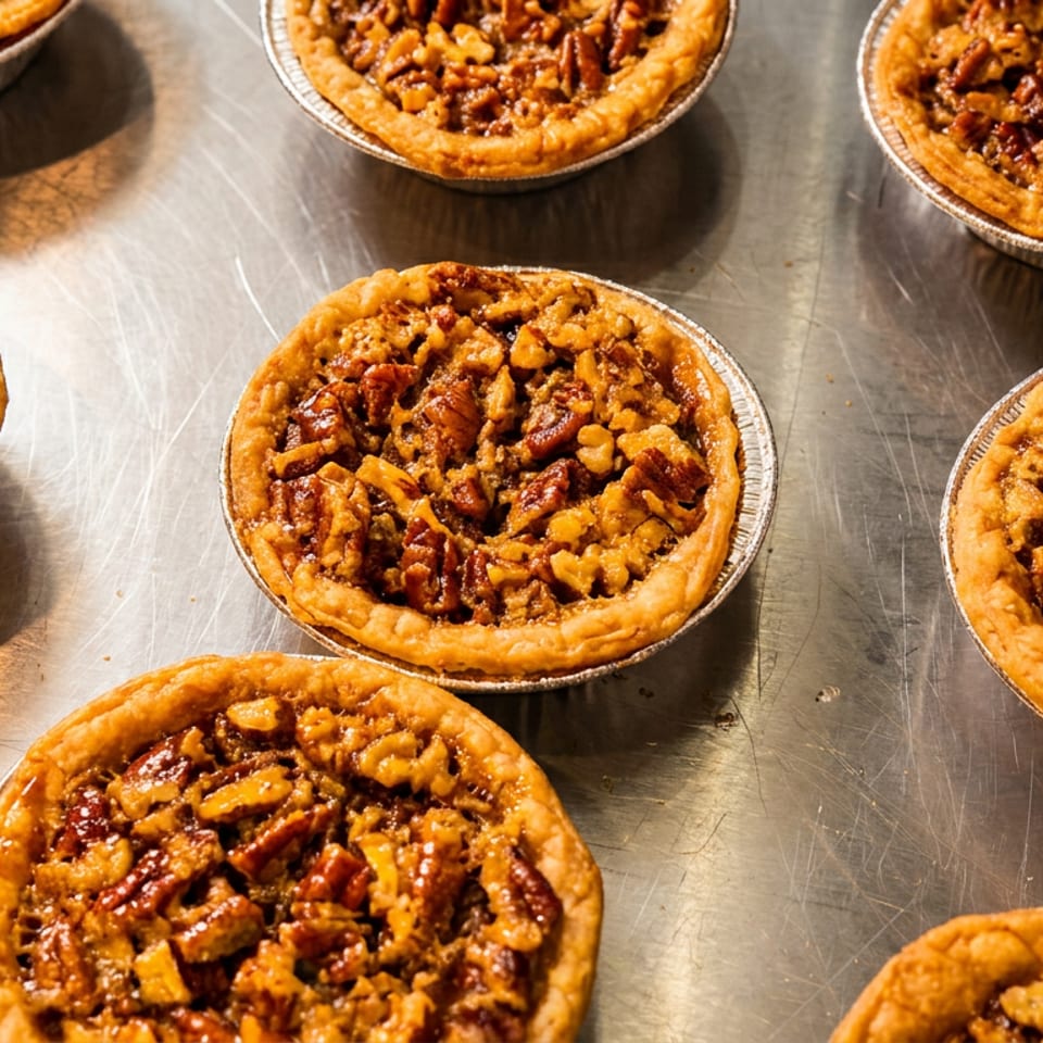 Several small, round pecan pies in foil tins are arranged on a metallic surface.