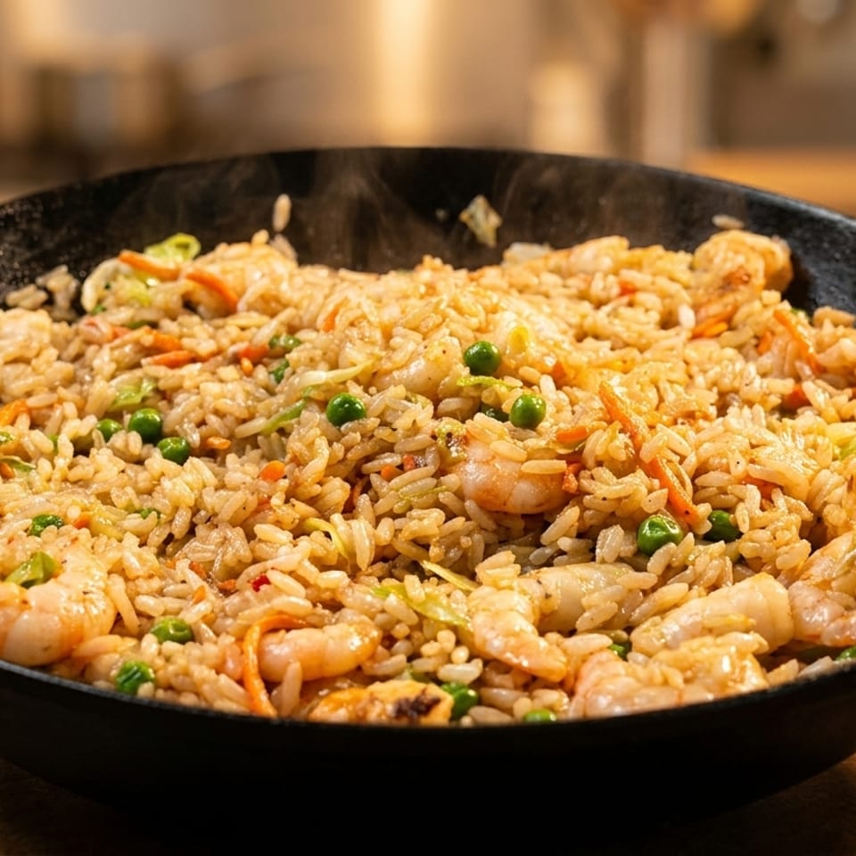 Steaming shrimp fried rice with peas and carrots in a black cast iron pan.