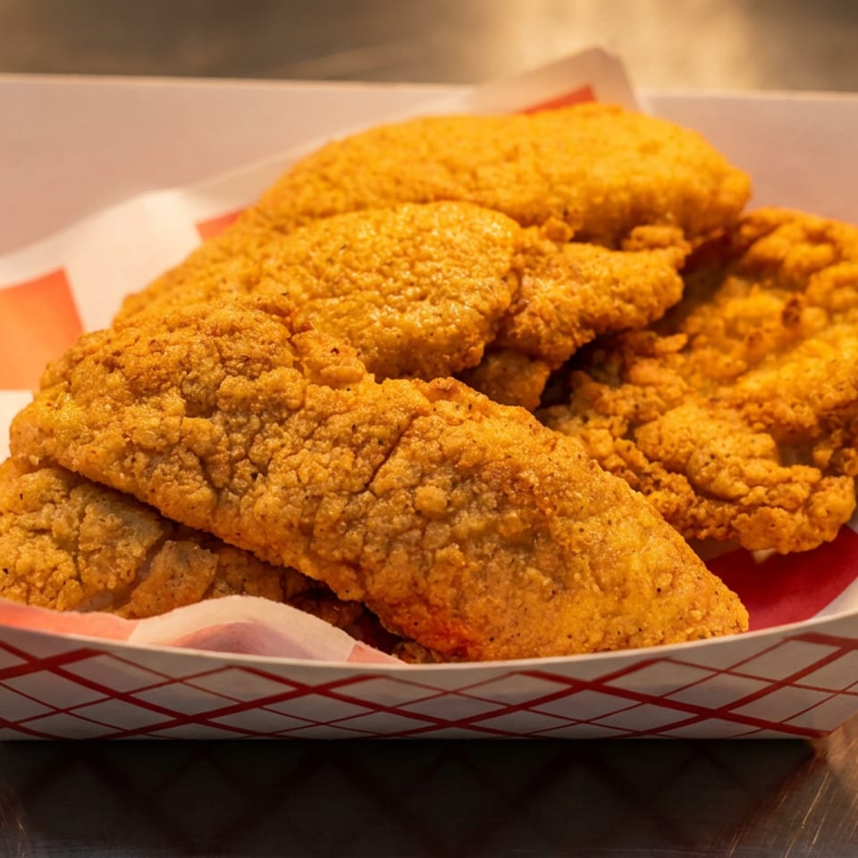 Crispy fried chicken tenders in a white and red checkered paper tray on a metal surface.