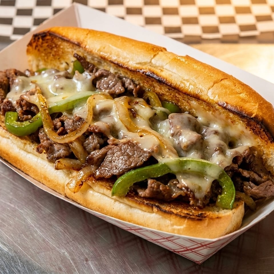 Cheesesteak sandwich with steak, melted cheese, green peppers, and onions in a paper tray.