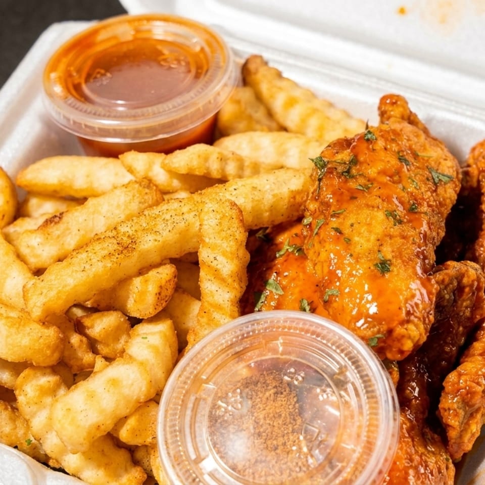 Crispy chicken tenders with hot sauce and crinkle-cut fries in a white takeout container.