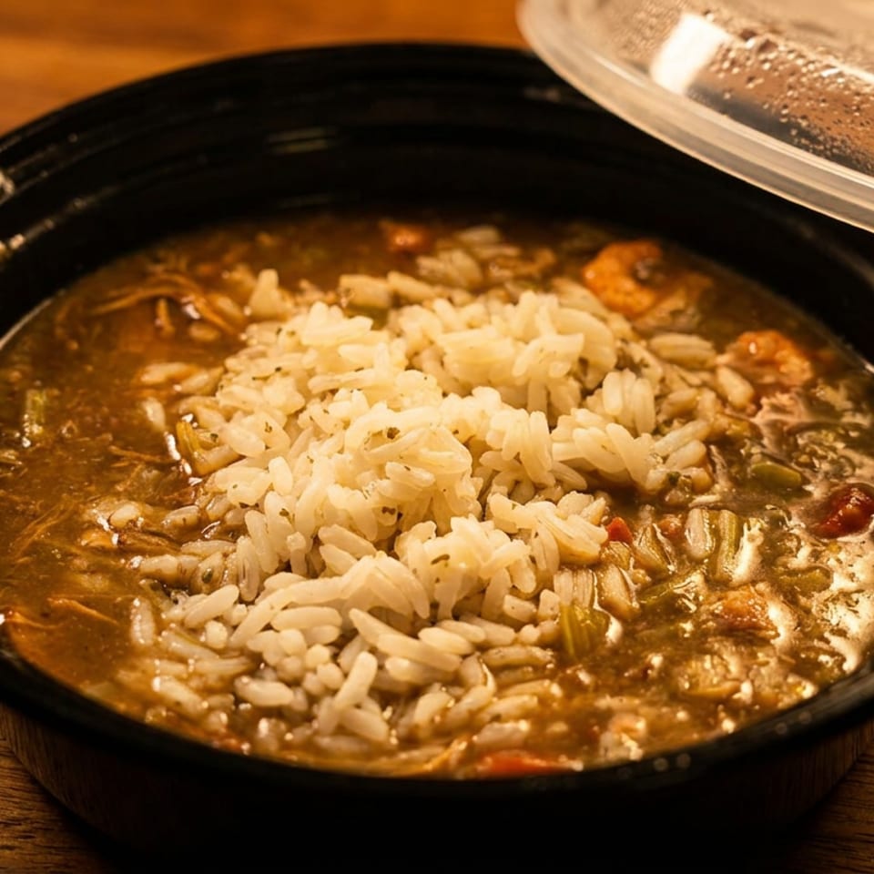 Gumbo with rice in a black takeout container with a partially open clear lid.