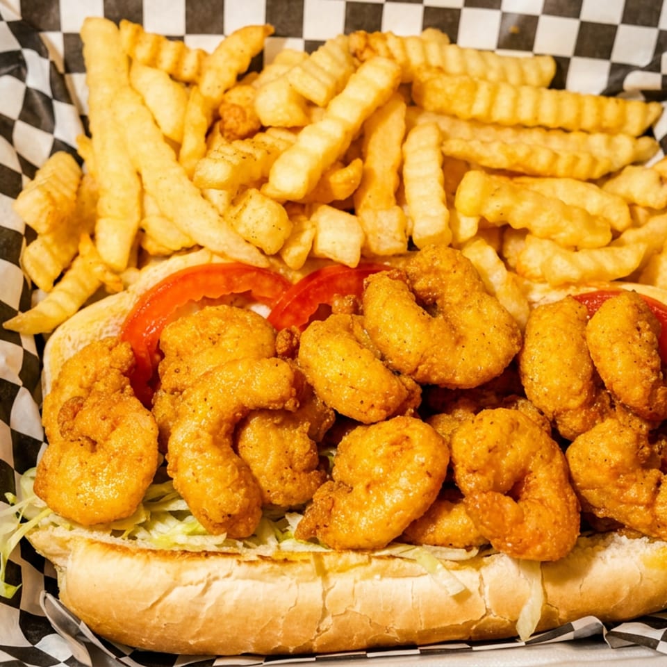 Fried shrimp po'boy sandwich with shredded lettuce, tomato, and a side of crinkle-cut fries.