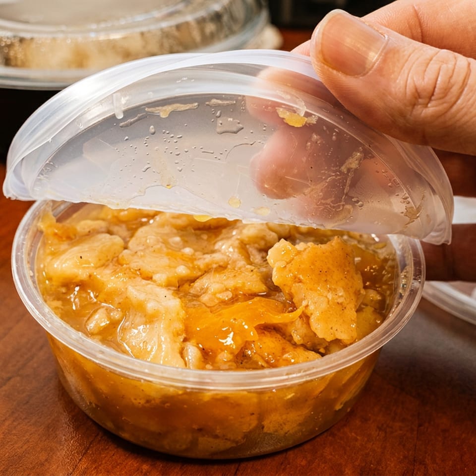 Hand opening a clear plastic container of warm peach cobbler on a wooden table.